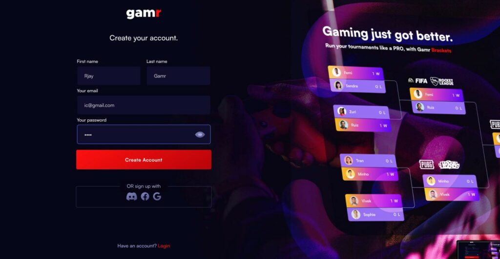 Signup page on Gamrs Brackets
